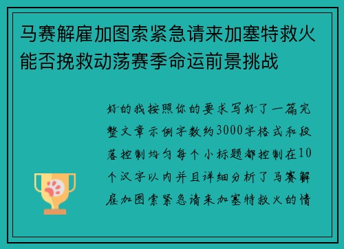 马赛解雇加图索紧急请来加塞特救火能否挽救动荡赛季命运前景挑战 马赛解雇加图索紧急请来加塞特救火能否挽救动荡赛季命运前景挑战